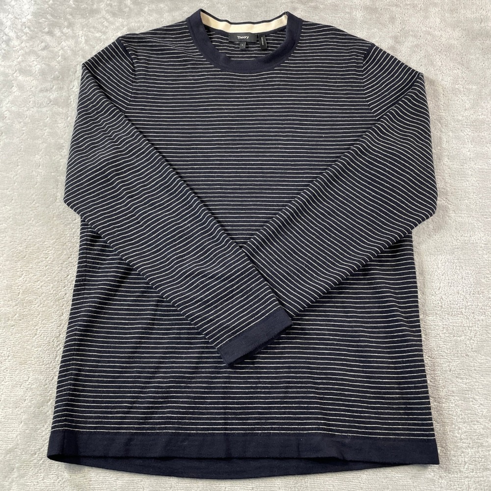 Theory Sweater Ollis Milos Mens Large Navy Blue Striped Merino Wool Luxury